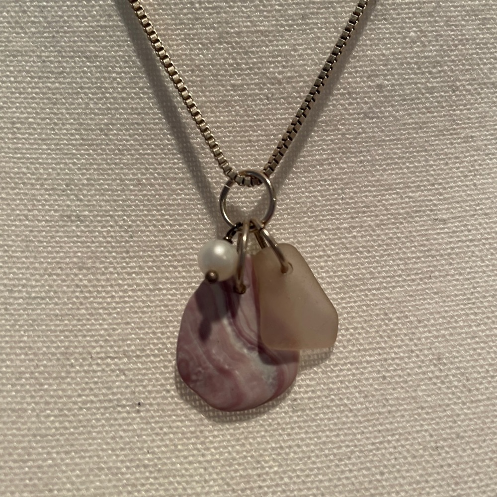 925 silver necklace with shell, sea glass and pearl charms - Picture 2 of 10